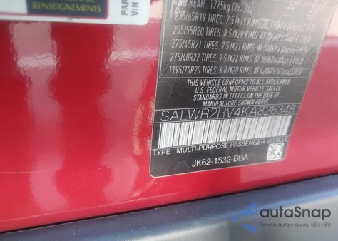 2019 Land Rover Range Rover Sport Hse из США, поврежденный, VIN SALWR2RV4KA826348